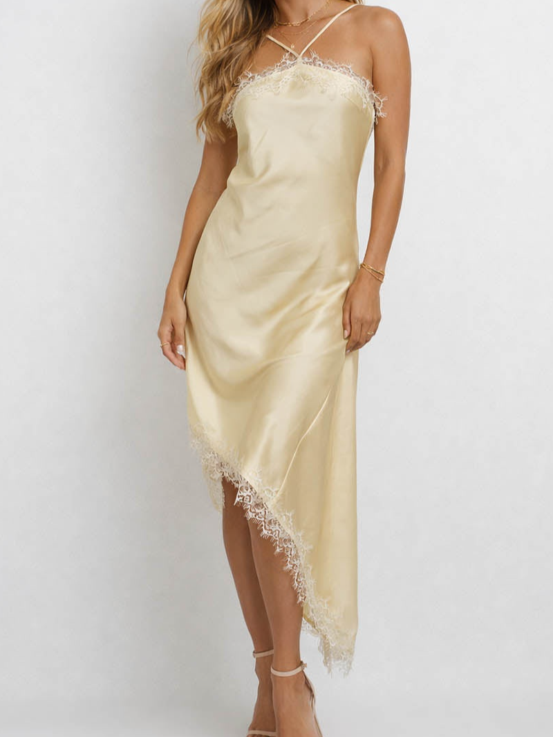 Satin Lace Trim Halter Neck Irregular Hem Maxi Dress