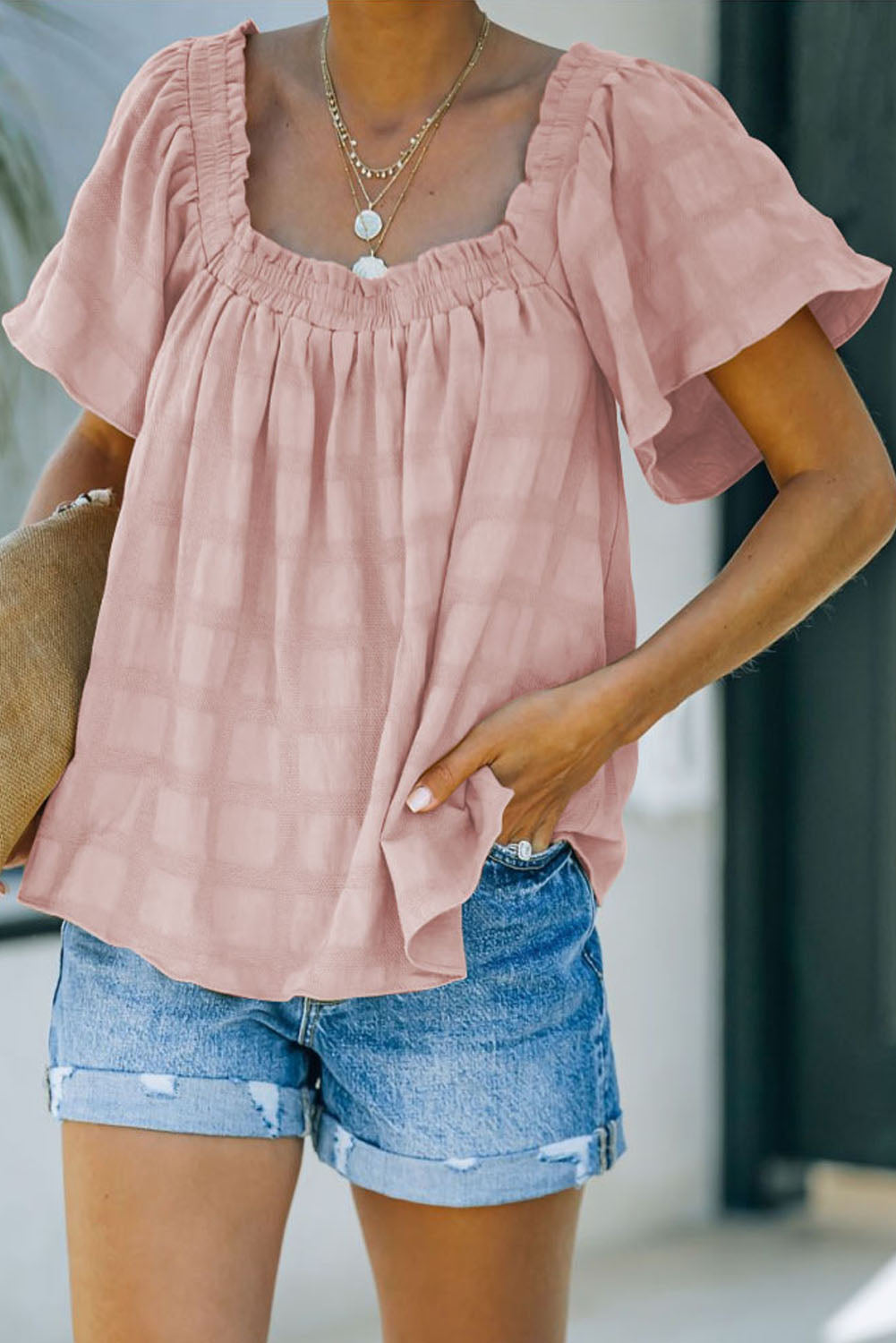 Square Neck Jacquard Short Sleeves