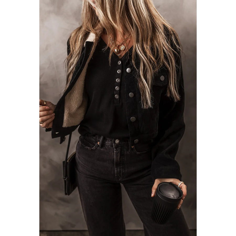 Fuzzy Collared Neck Button Down Jacket