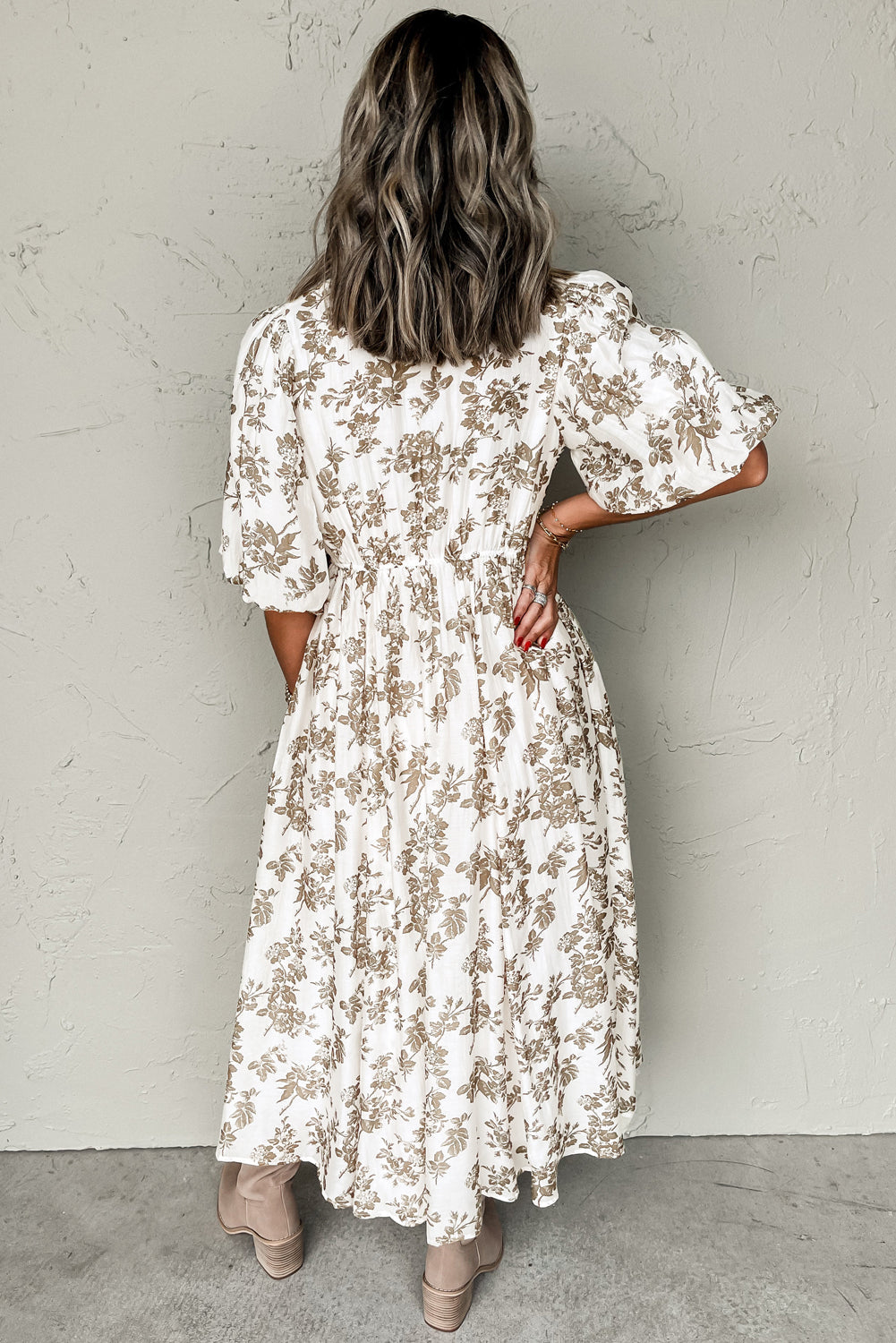Floral Puff Sleeve V Neck Buttoned Front Maxi Dress