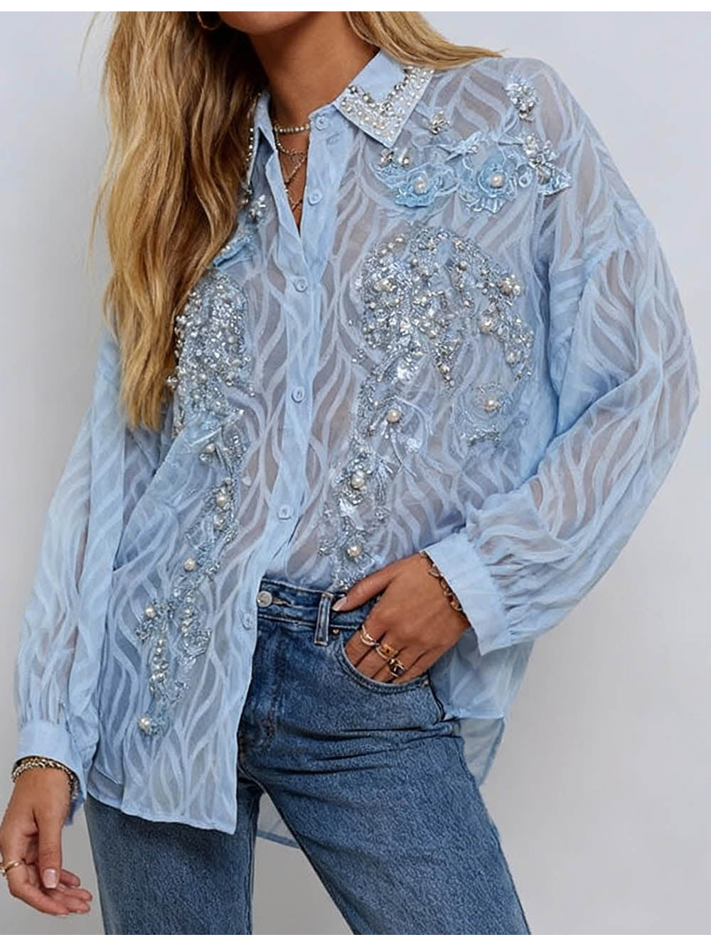 Chic Bead Shirt Collar Lantern Sleeves Jacquard Blouse