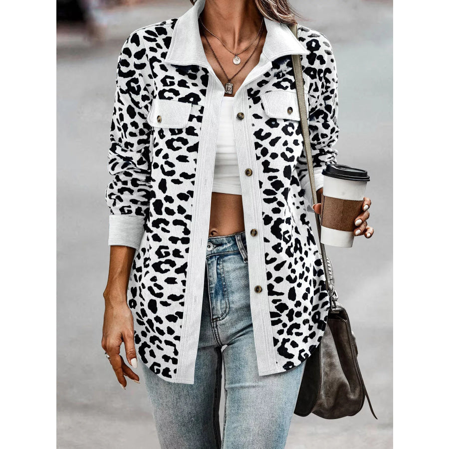 Full Size Leopard Print Button Down Jacket Plus Size
