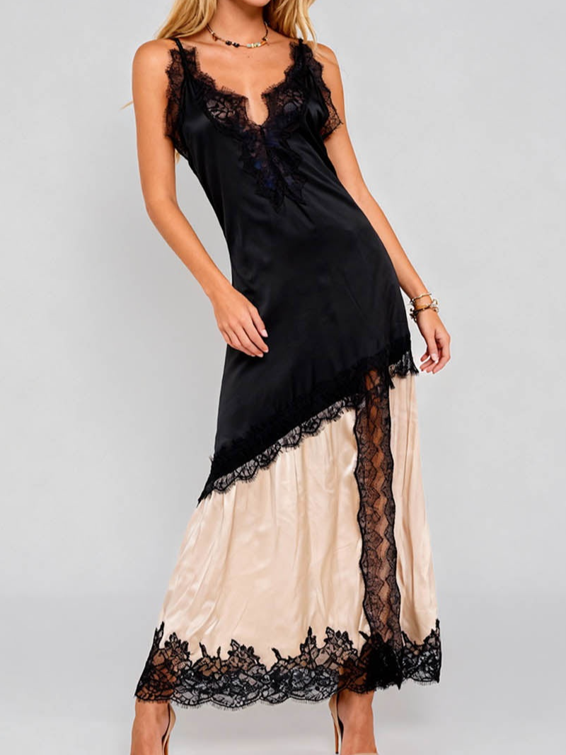V Neck Sleeveless Lace Splice Side Split Maxi Dress