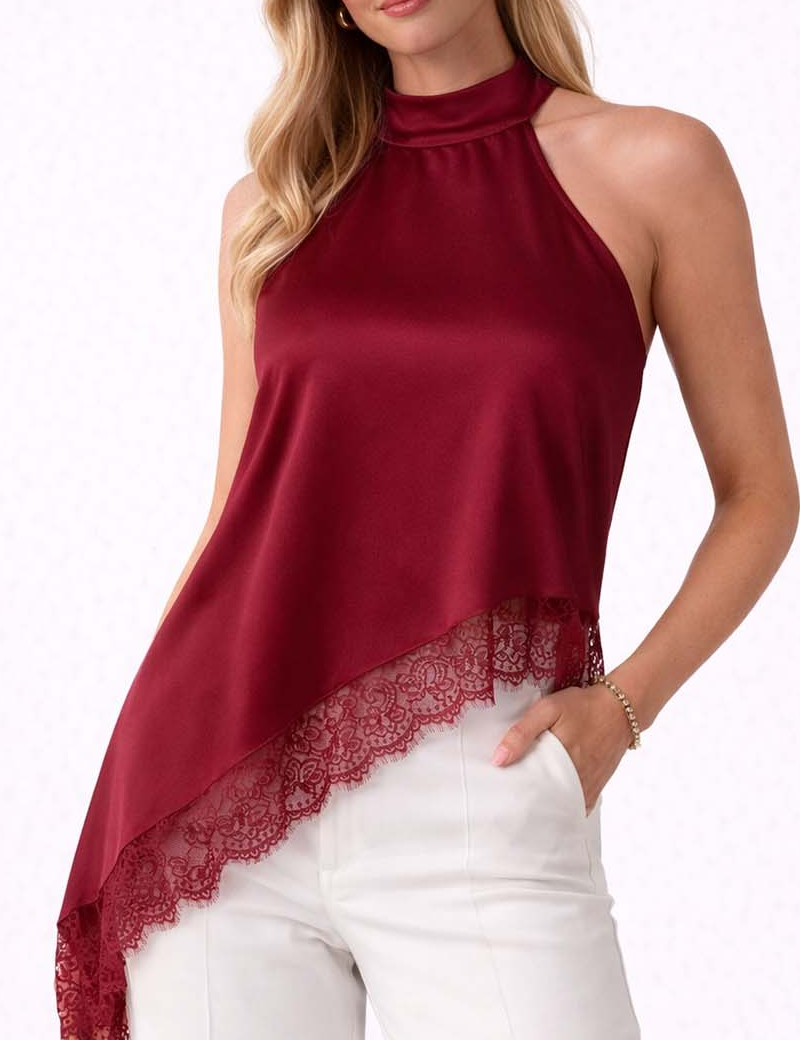Satin Halter Neck Lace Irregular Hem Sleeveless Top