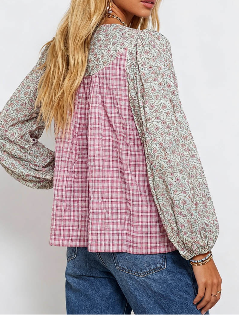 Boho Checked Front Long Sleeves Blouse
