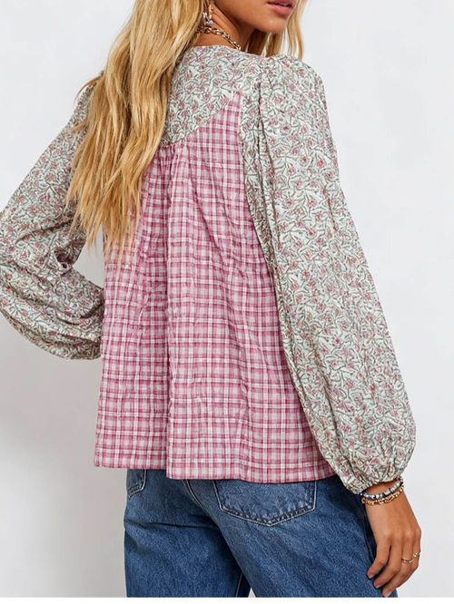 Boho Checked Front Long Sleeves Blouse