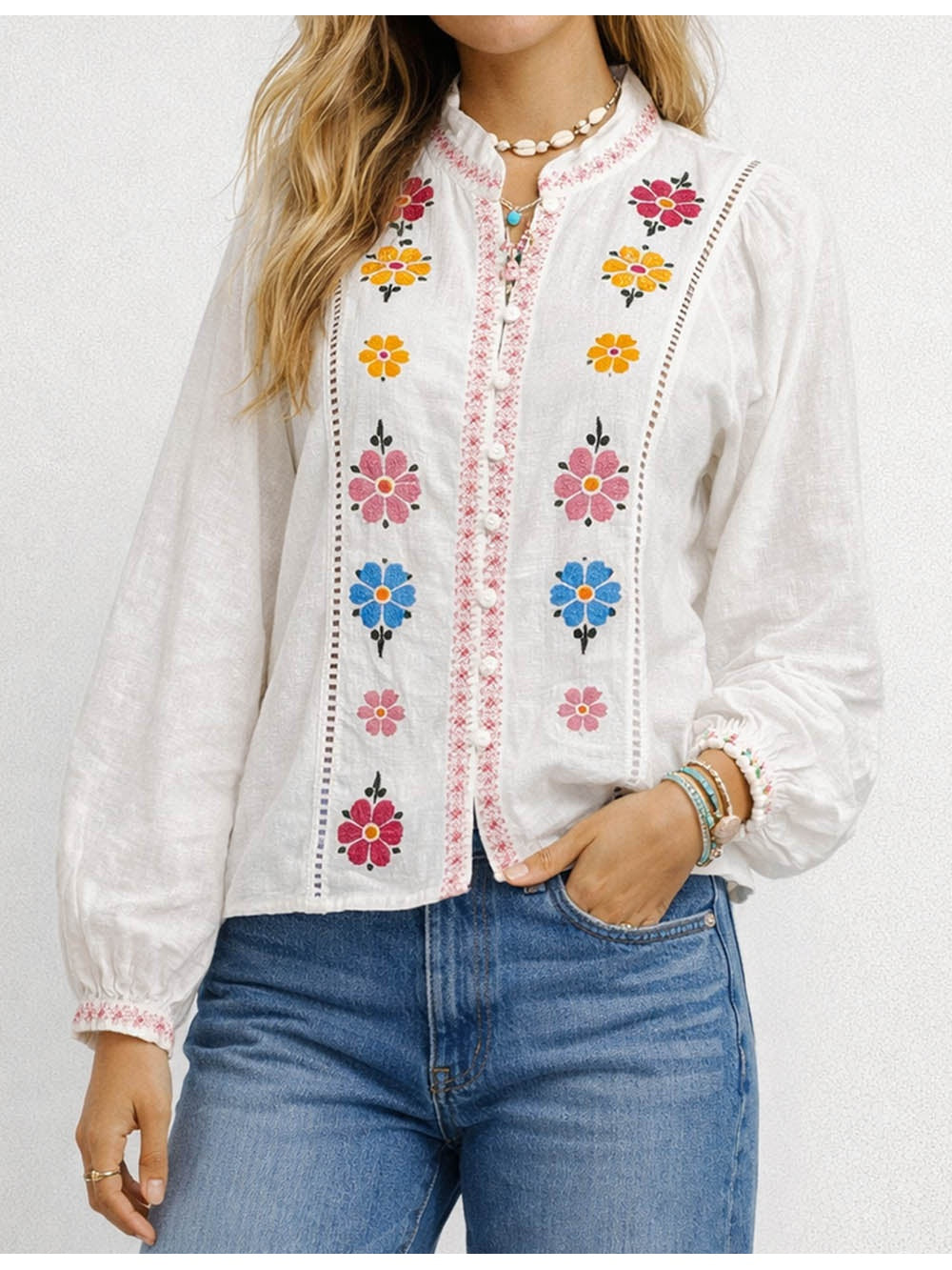 Boho Embroidery Ruffle Stand Neck Button Blouse