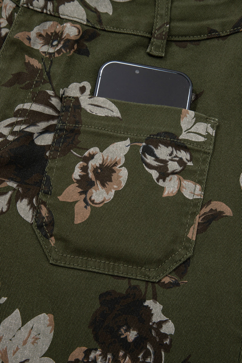 Raw Hem Patch Pocket Floral Print Jeans