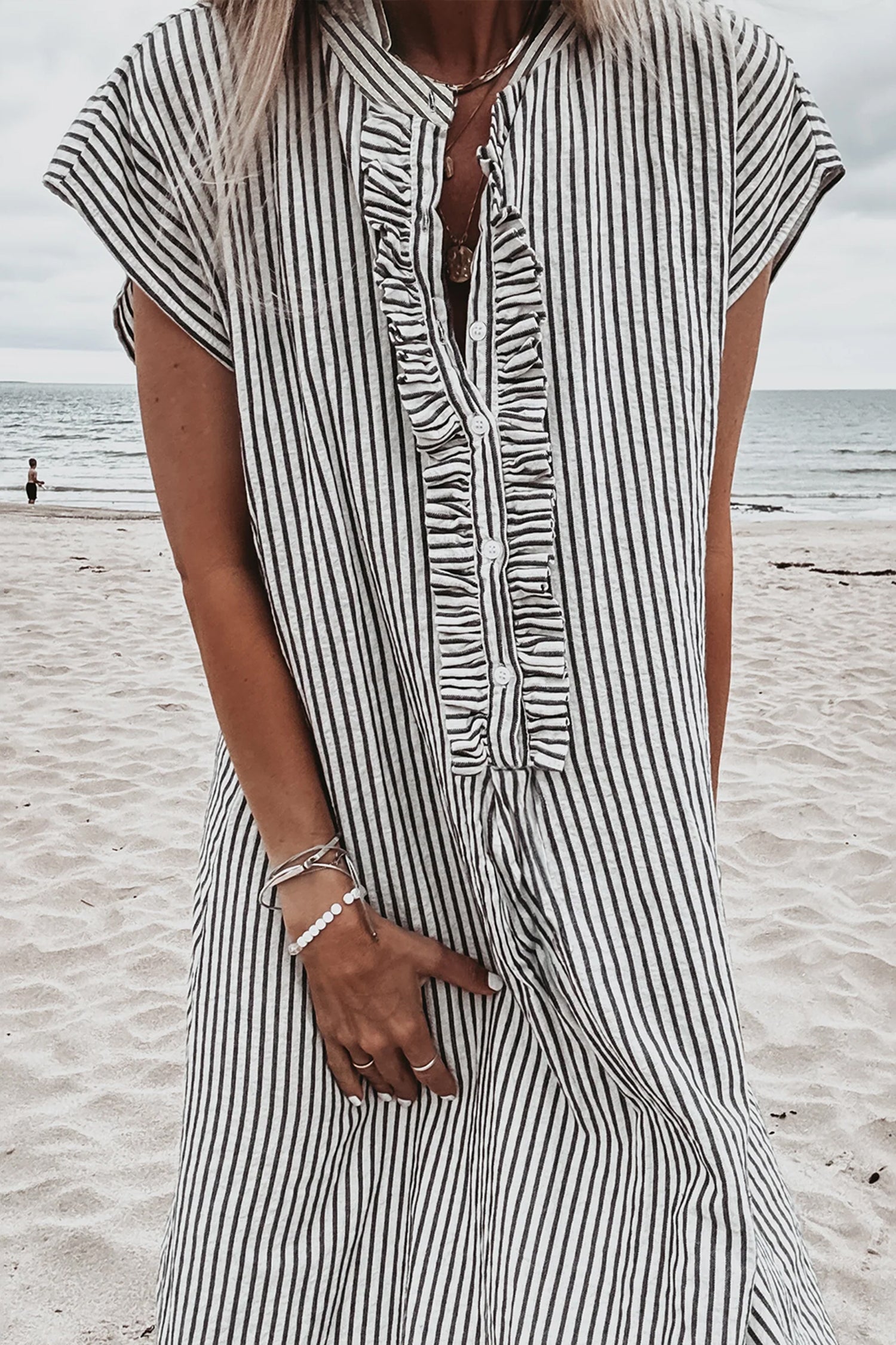 Maxi Stripe Frilled Detail Half Buttons Short Sleeve Long Lightweight