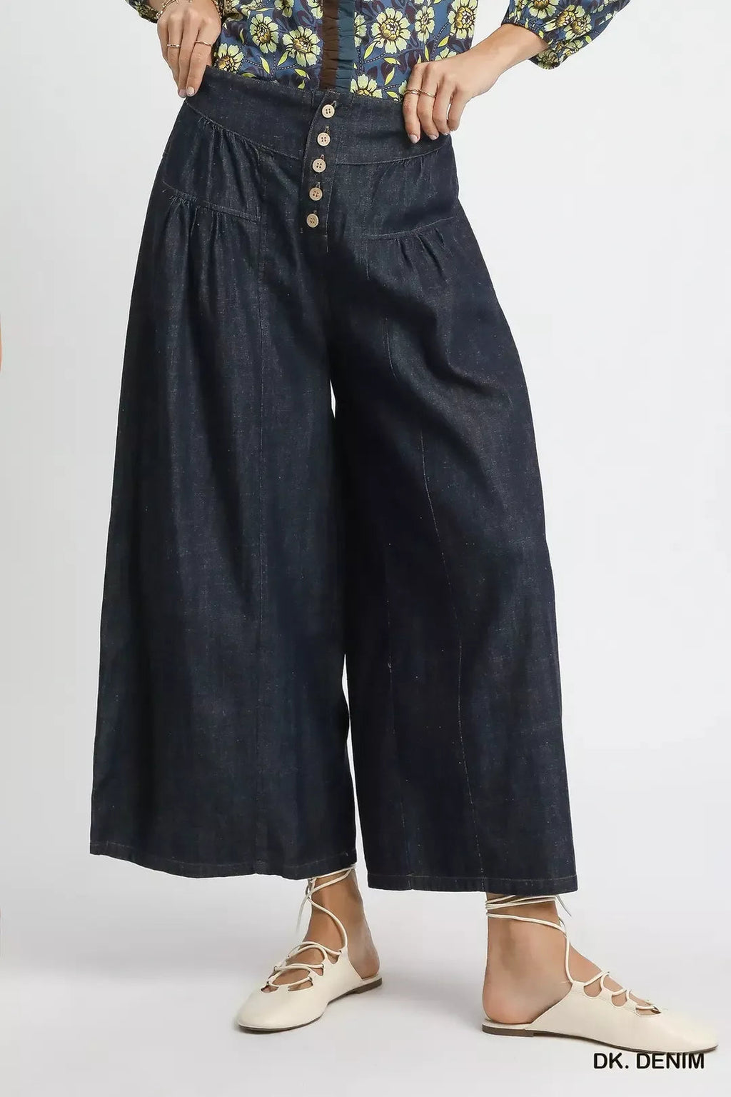 Stone Washed Wide Leg Button Front Culottes Apparel