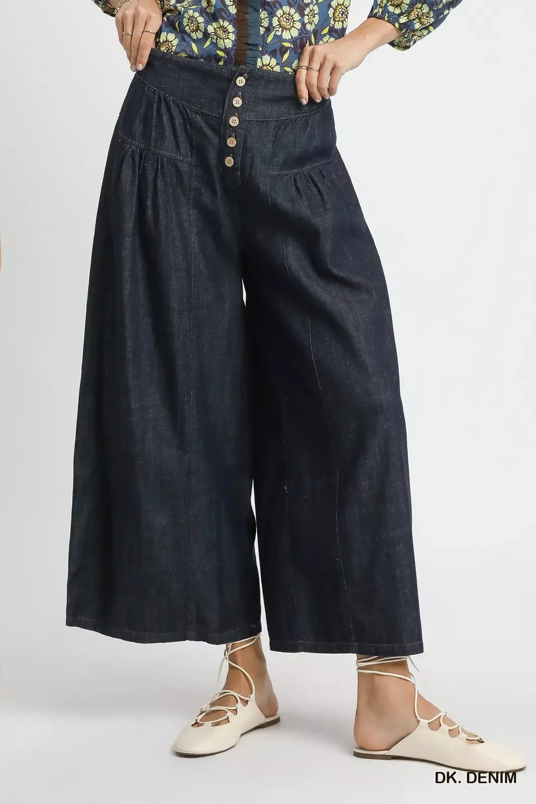 Stone Washed Wide Leg Button Front Culottes Apparel