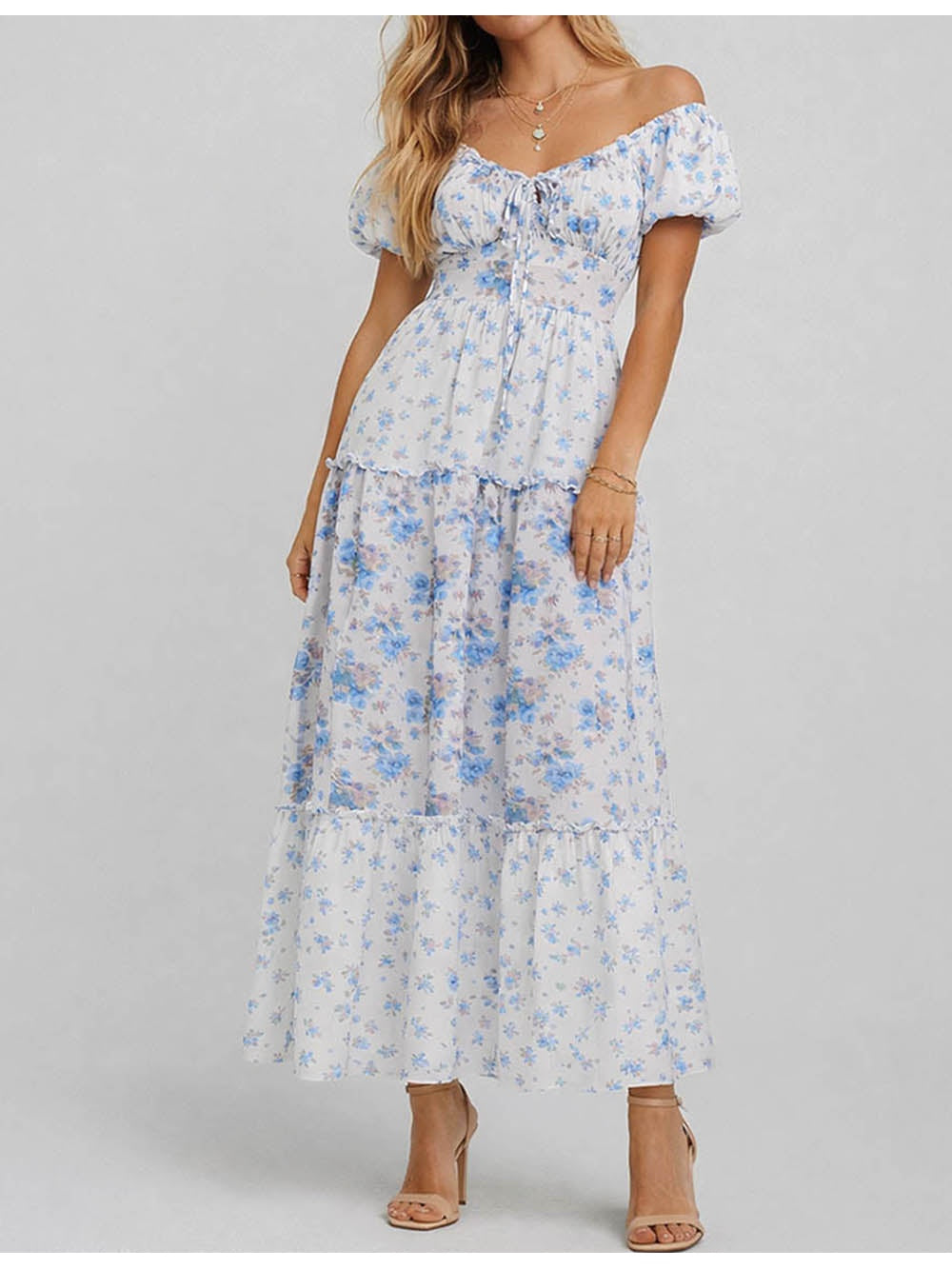Neck Puff Sleeves Boho Maxi Dress