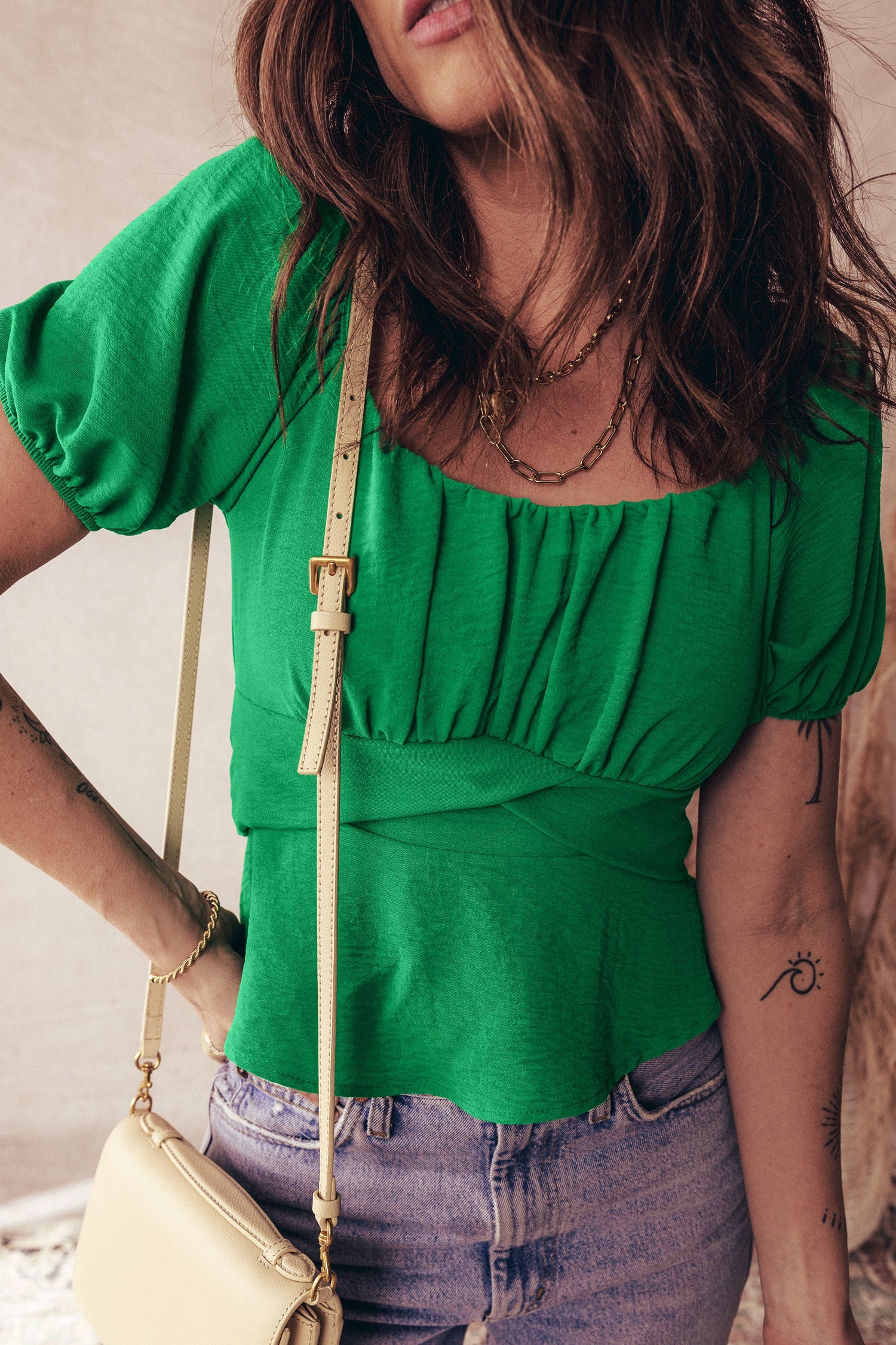 Dark Green Solid Color Ruched Crossed Waist Tied Back Short Sleeve Peplum Top