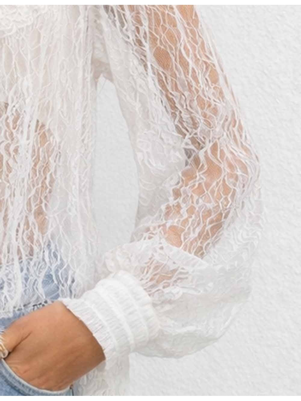 Sheer Lace Round Neck Button Long Sleeves Boho Blouse