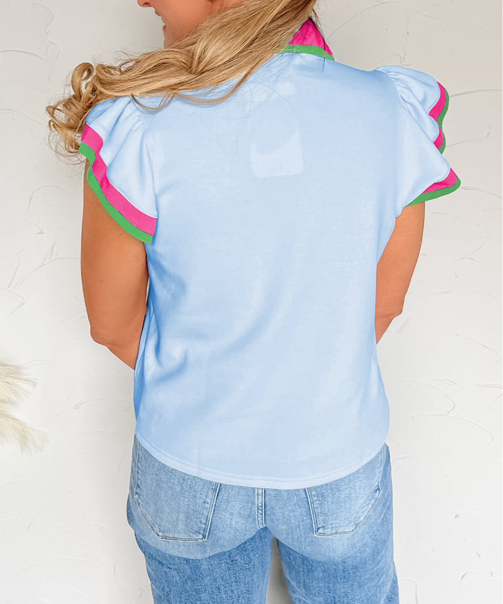 Blue Color Contrast Ruffled Sleeve Collared V Neck Blouse