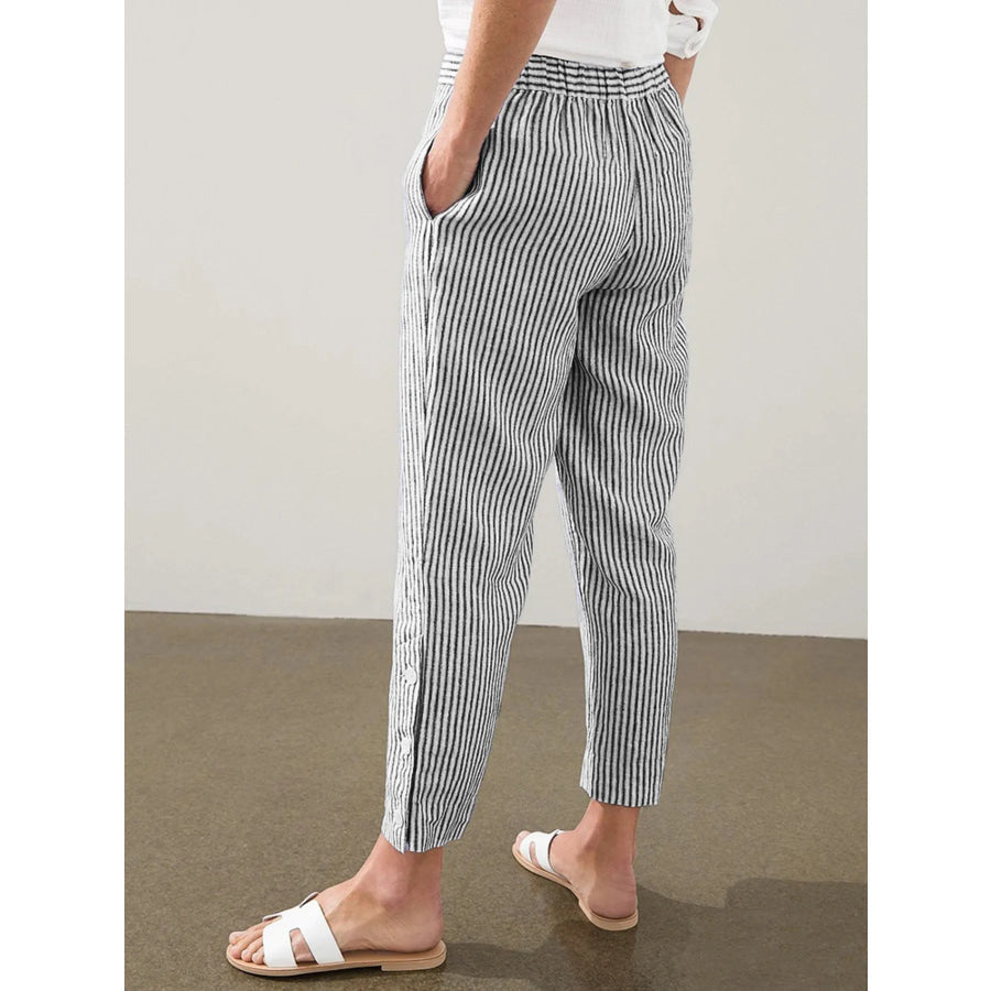 Full Size Striped Side Button Detail Pants Plus Size