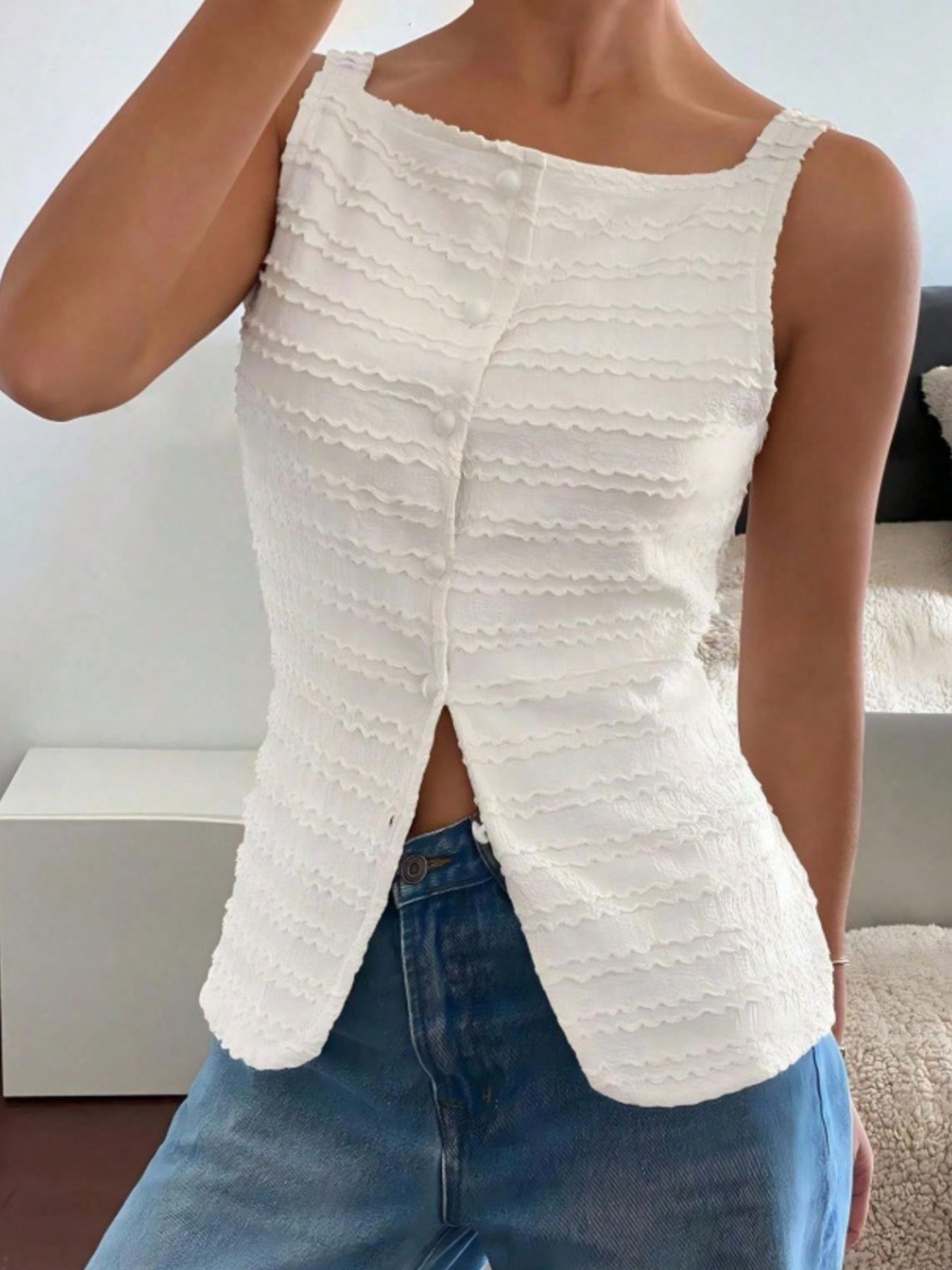 Textured Button Front Tank