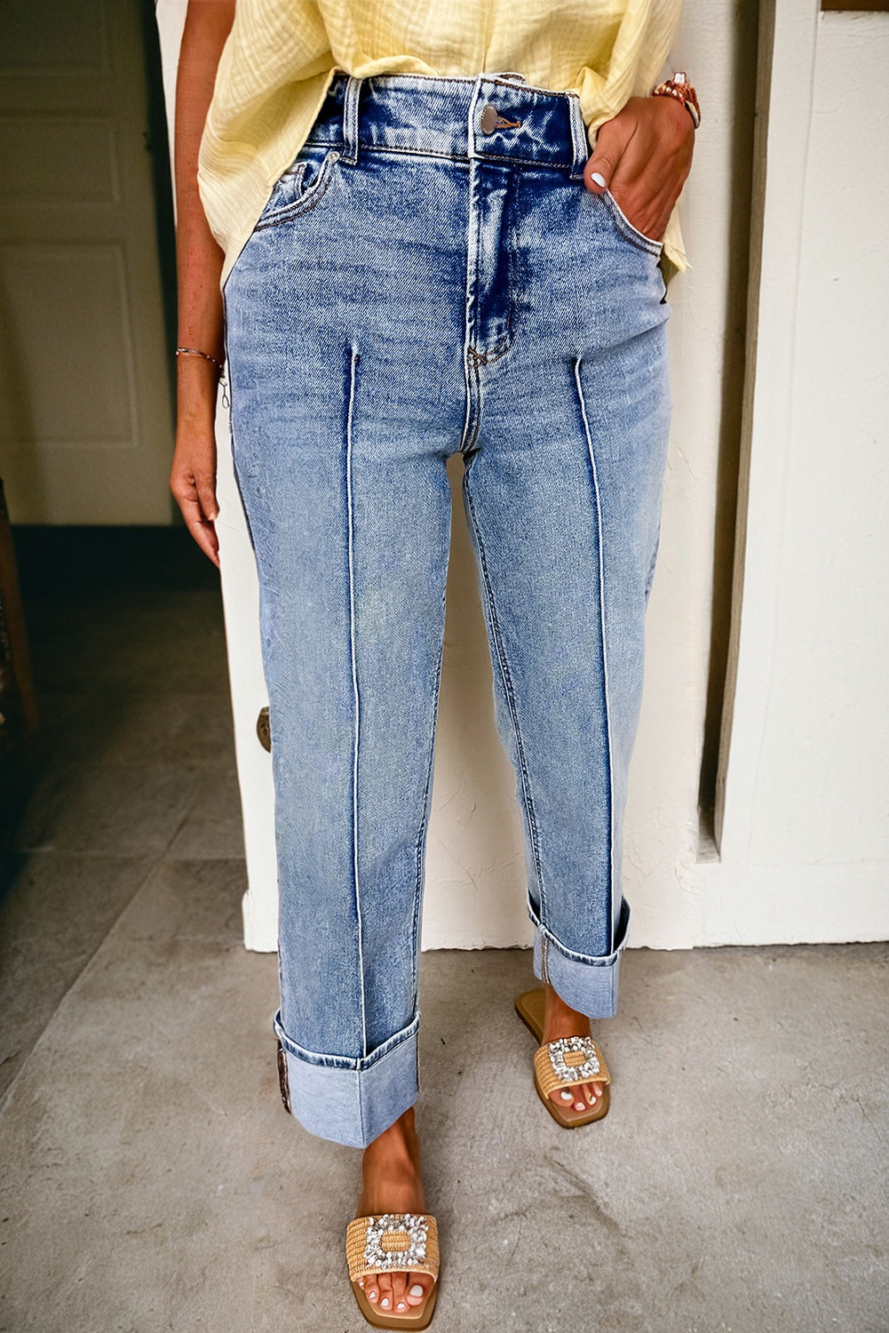 High Waist Cuffed Myosotis Center Seam Jeans