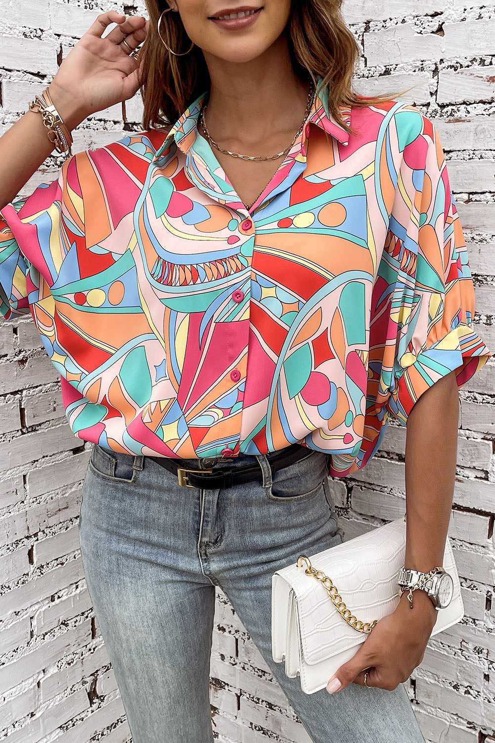 Abstract Print Puff Sleeve Relaxed Fit Shirt Blouse