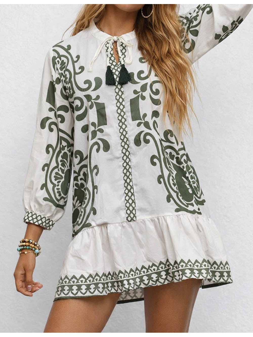 Boho Fringle Neck Long Sleeves Mini Dress