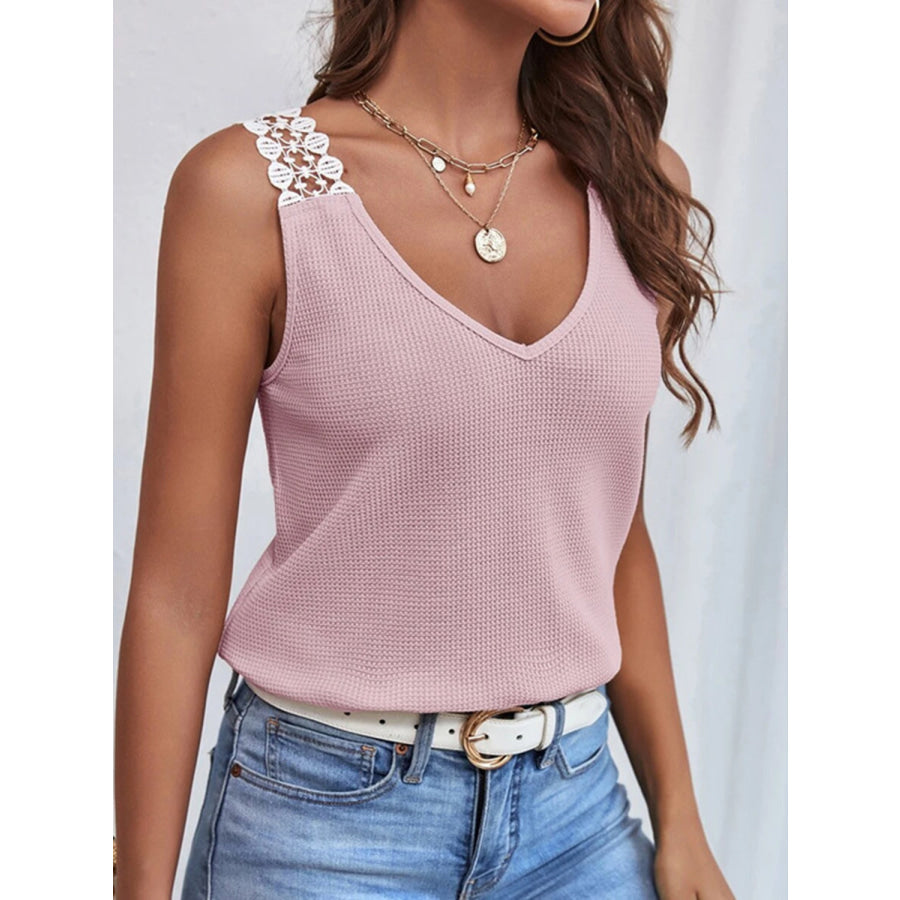 Lace Detail Waffle Knit V Neck Tank