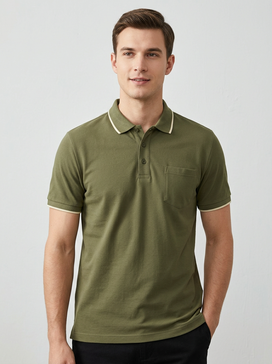 Men's Casual Olive Green Pocket Contrast Trim Polo Shirt