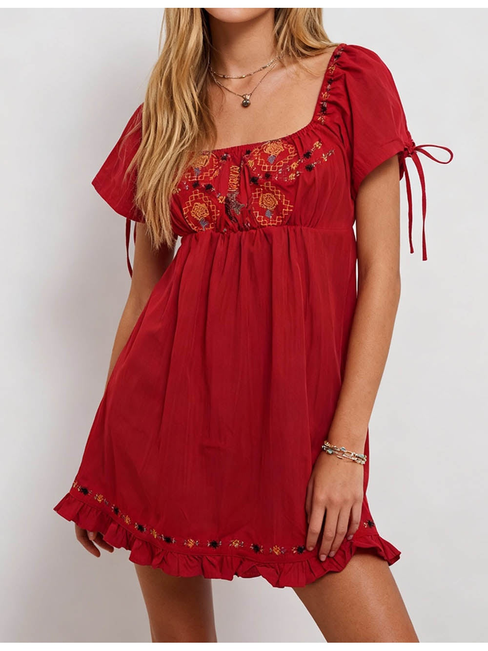 Embroidery Square Neck Bow Mini Dress