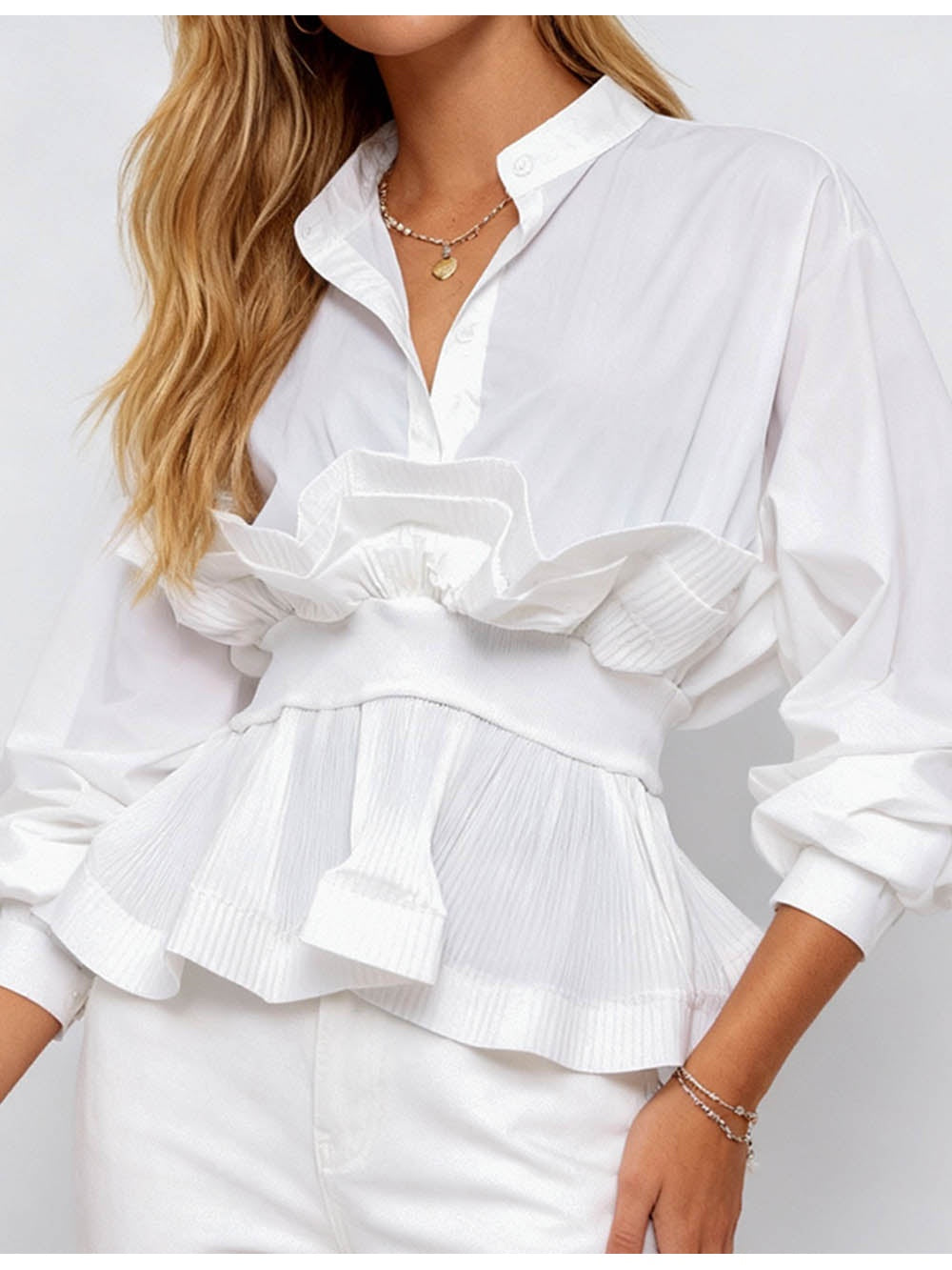 Chic Ruffle Pleated Lantern Sleeves Button Front Blouse