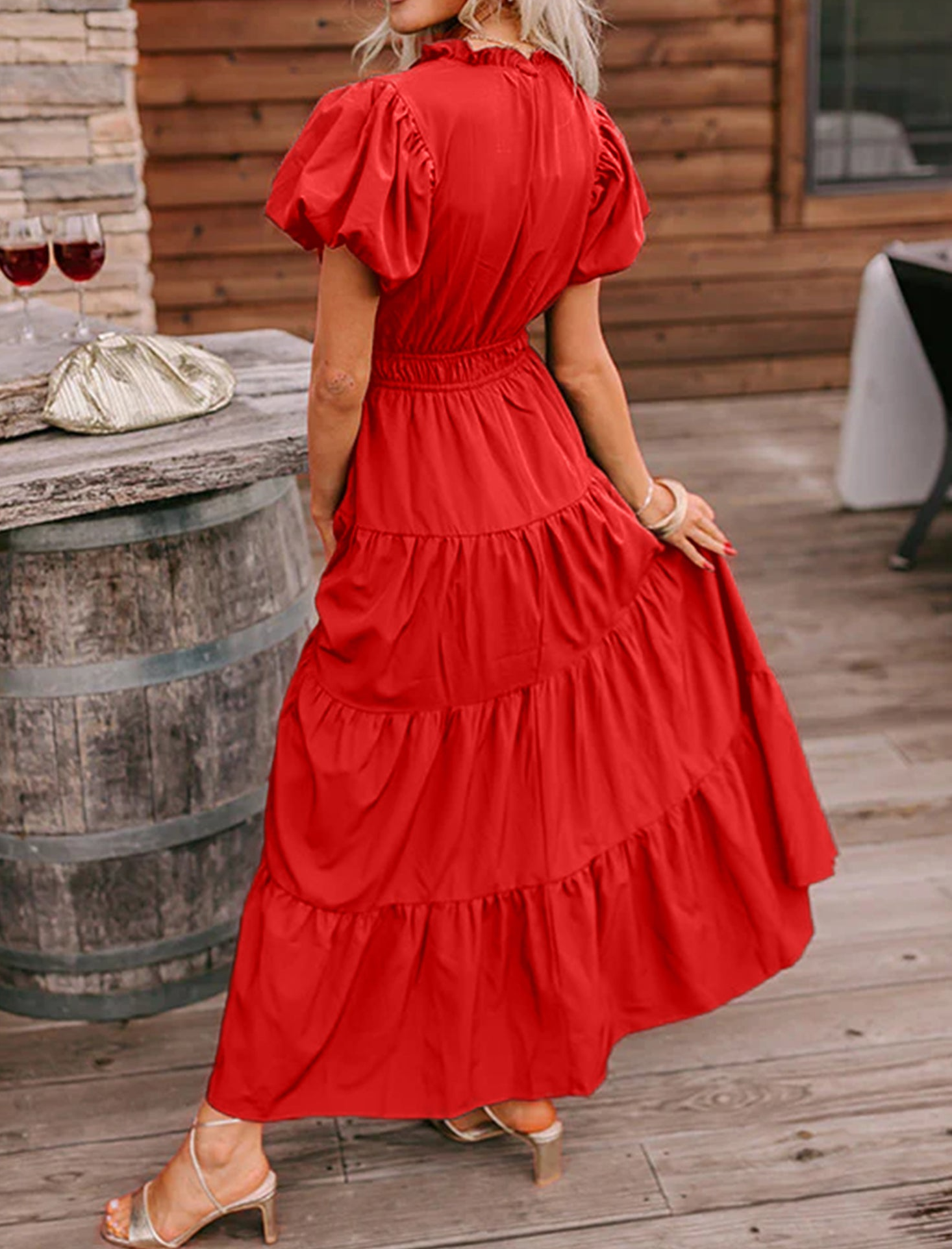 Coral Solid Color V Neck Short Puff Sleeve High