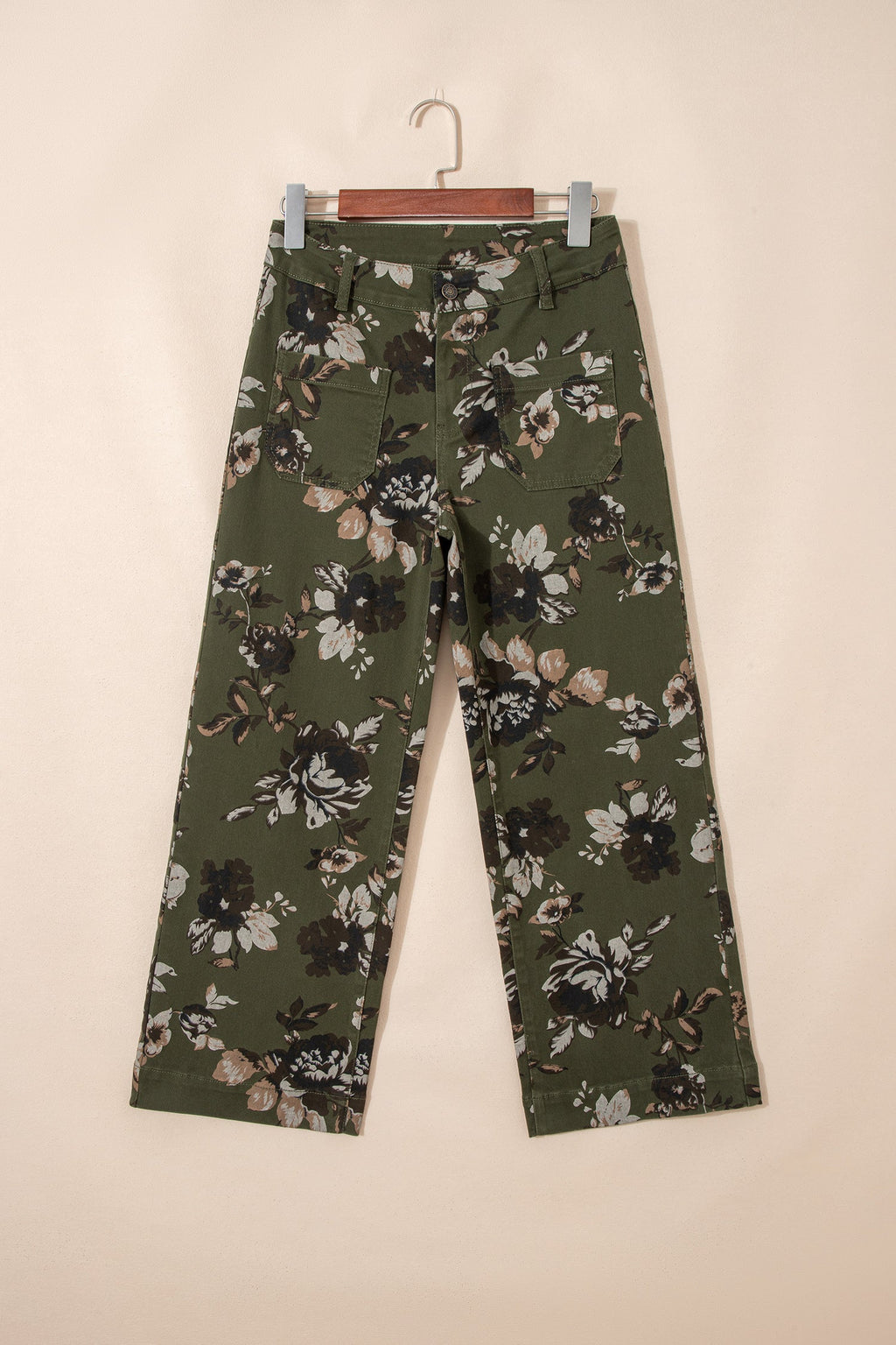 Raw Hem Patch Pocket Floral Print Jeans