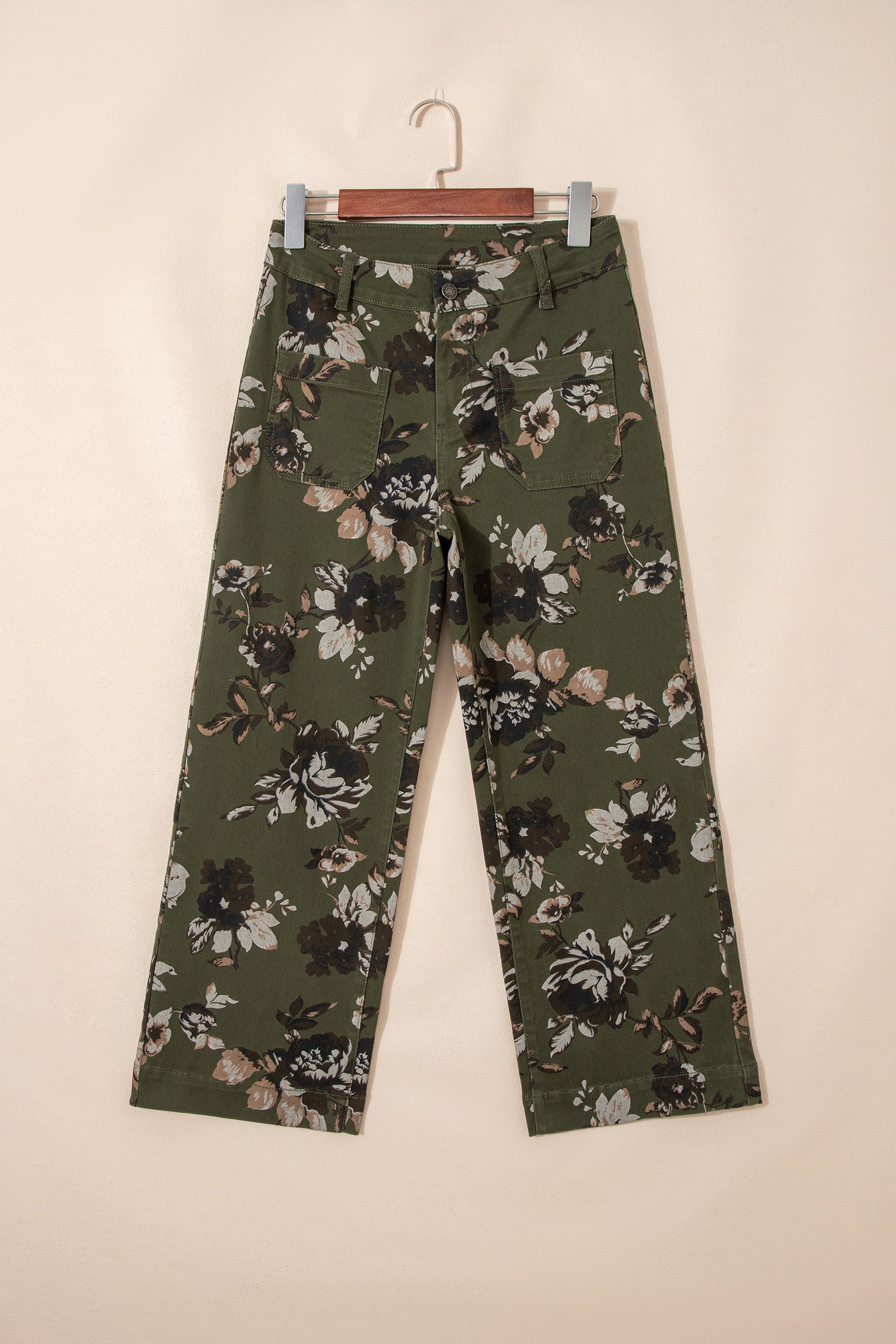 Raw Hem Patch Pocket Floral Print Jeans