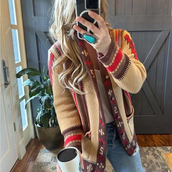 Western Geometric Belted Pocketed Cardigan