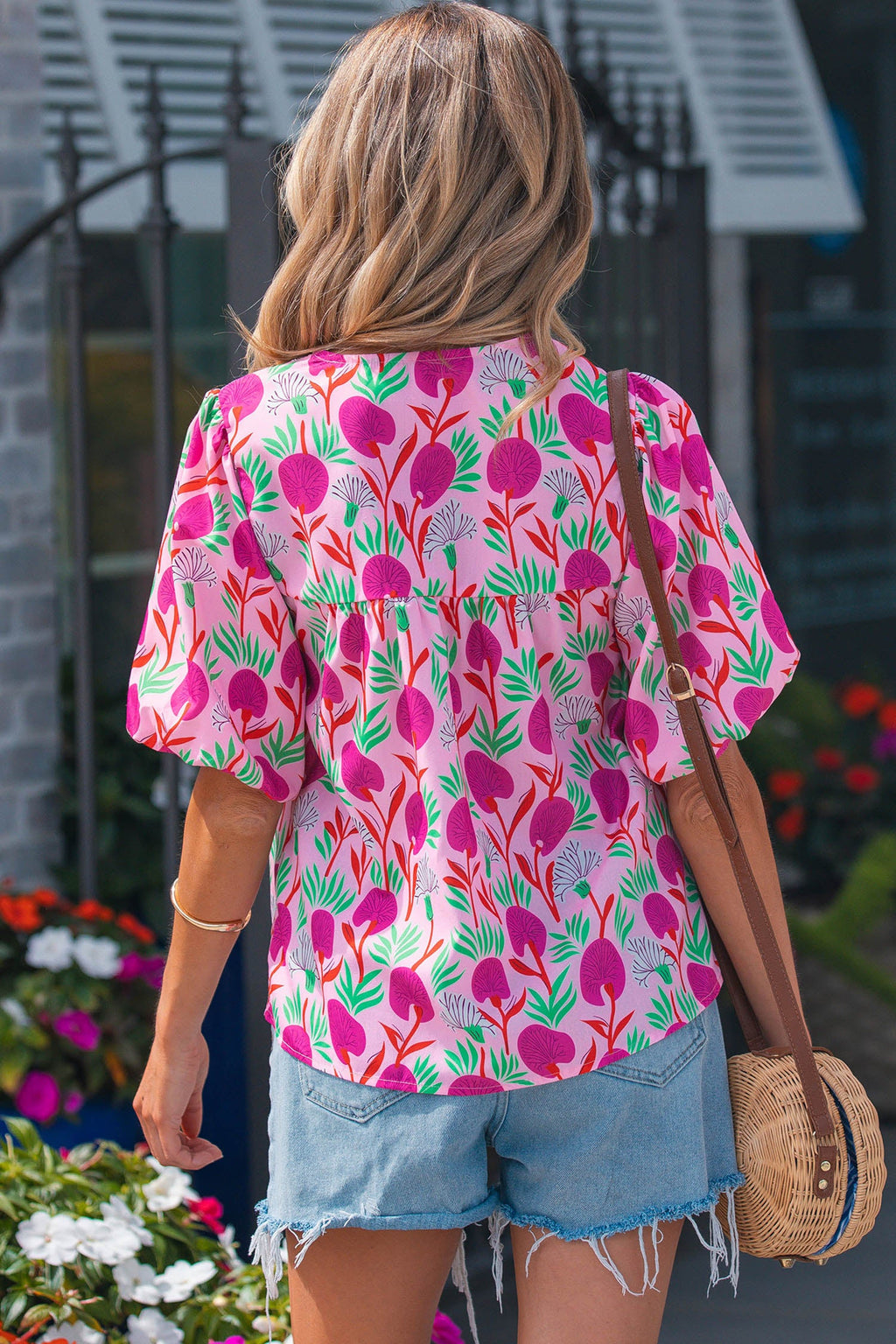 Pink Floral Print Short Sleeve Contrast Patchwork Tassel Tie Blouse