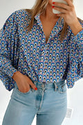 Abstract Print Shirred Puff Sleeve Shirt Blouse