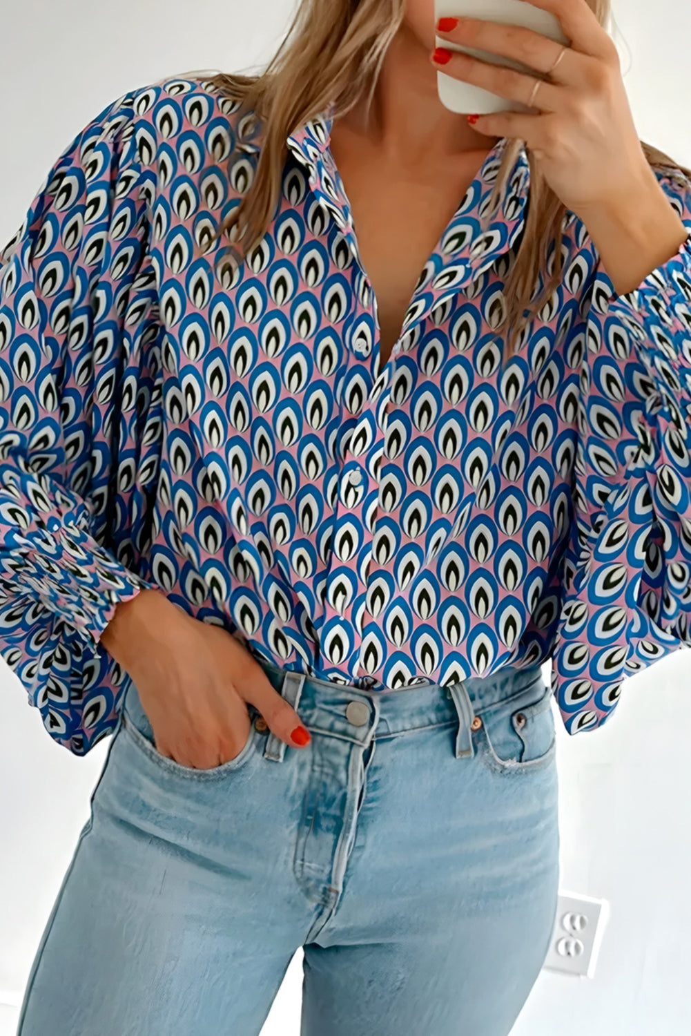 Abstract Print Shirred Puff Sleeve Shirt Blouse