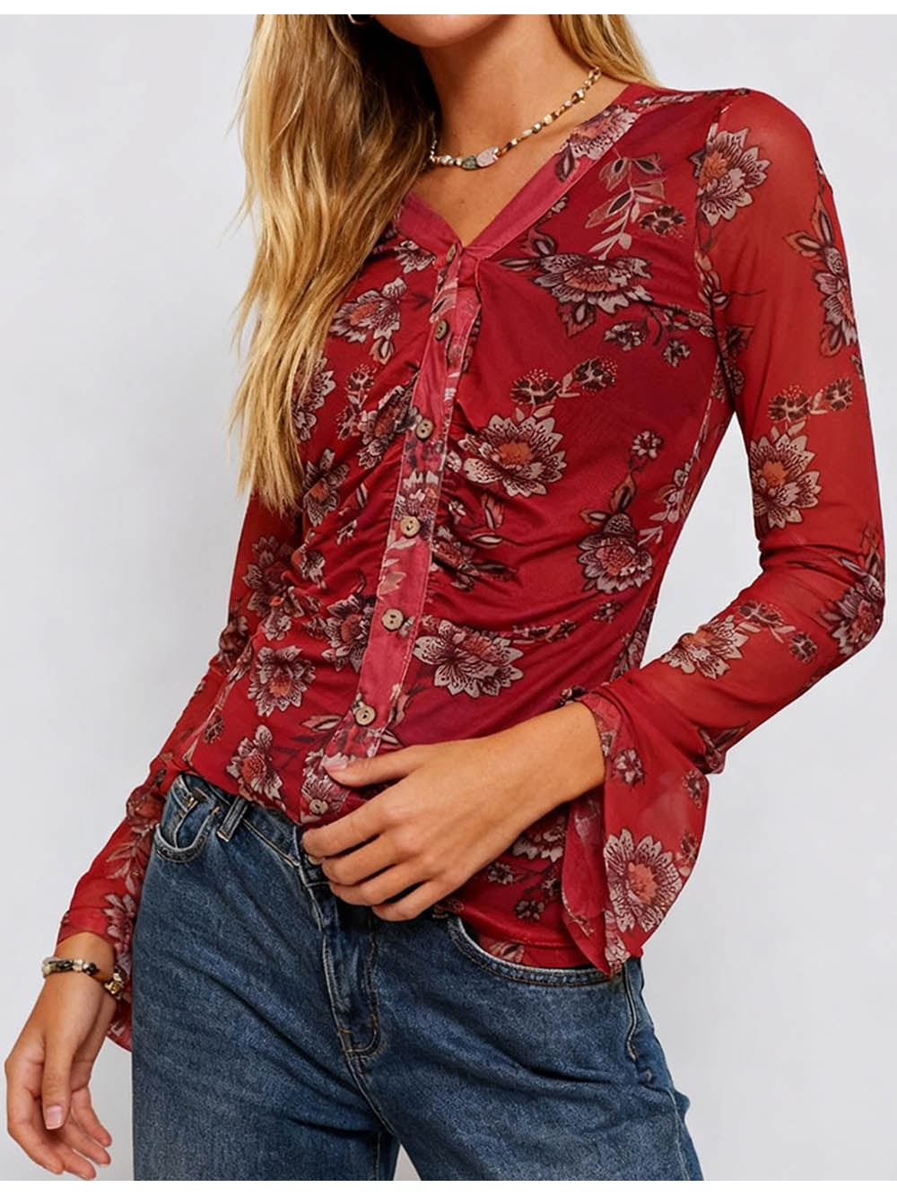 Boho Sheer V Neck Long Sleeves Blouse
