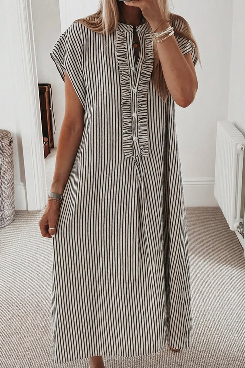 Maxi Stripe Frilled Detail Half Buttons Short Sleeve Long Lightweight