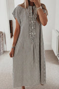 Maxi Stripe Frilled Detail Half Buttons Short Sleeve Long Lightweight