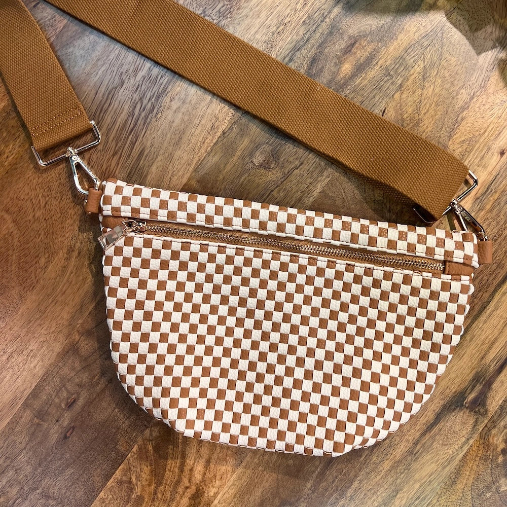 Woven Faux Leather Zip Crossbody Bag