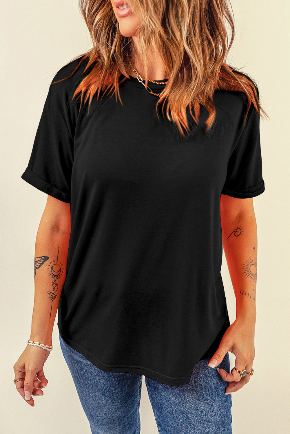 Black Casual Plain Crew Neck
