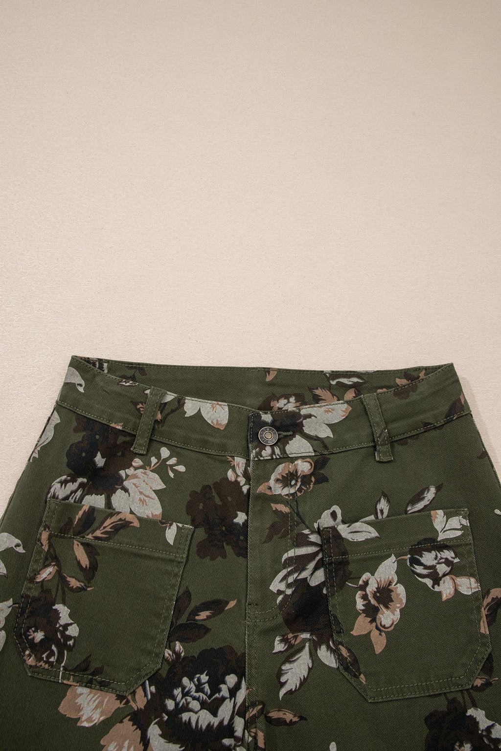Raw Hem Patch Pocket Floral Print Jeans
