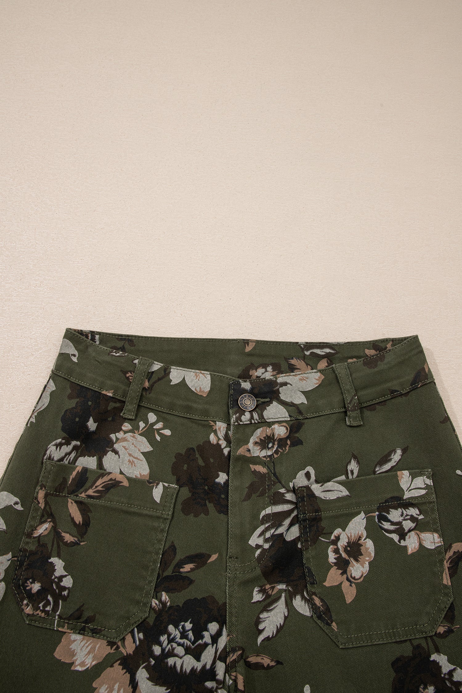Raw Hem Patch Pocket Floral Print Jeans