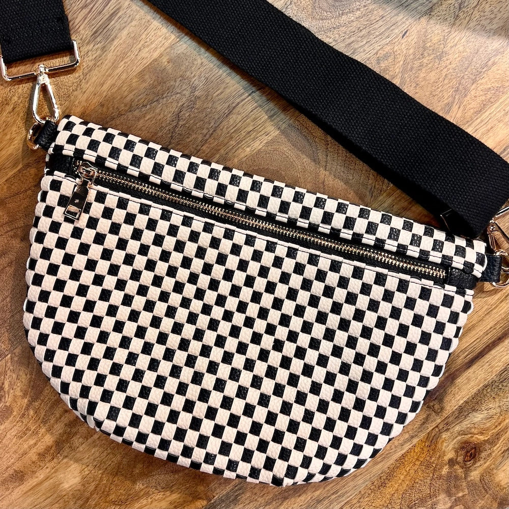 Woven Faux Leather Zip Crossbody Bag