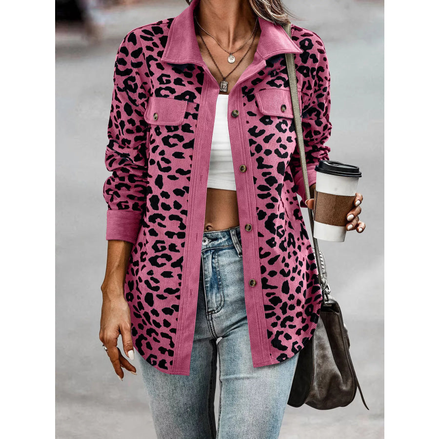 Full Size Leopard Print Button Down Jacket Plus Size