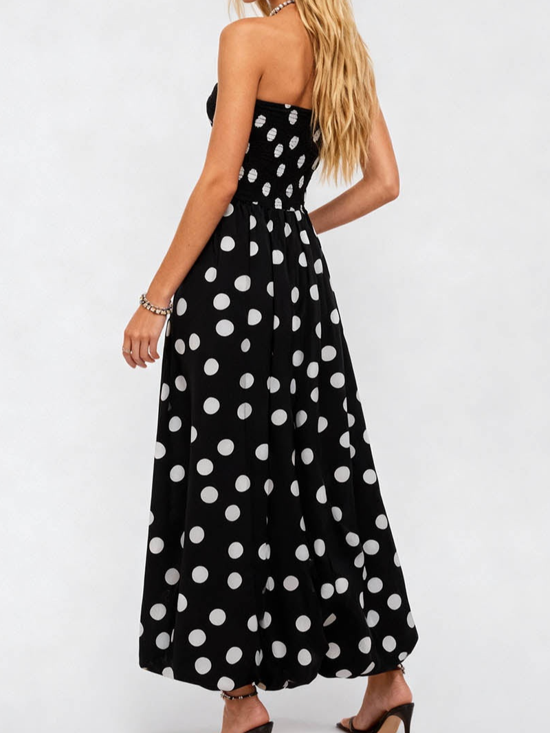 Strapless Polka Dot Smocked Sleeveless Maxi Dress