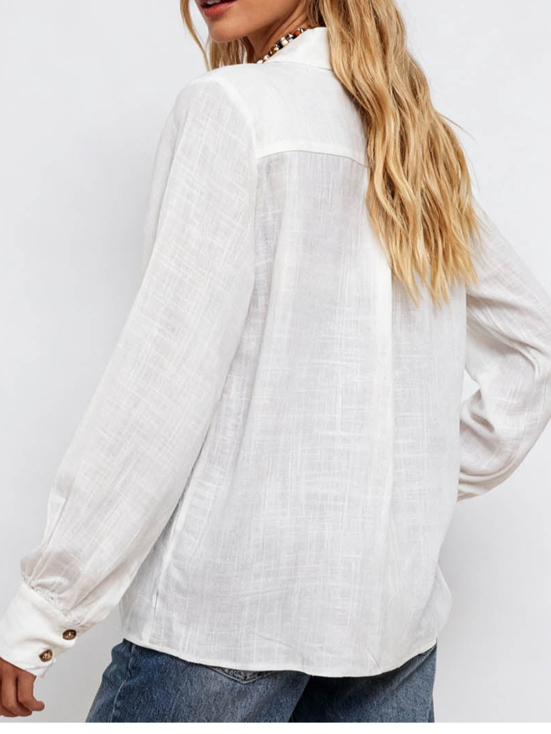 Boho Hollow Out Embroidery Shirt Collar Button Down Blouse