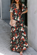 Fiery Floral Print Frilled V Neck Short Sleeve Maxi