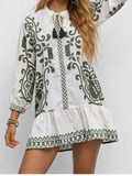 Boho Fringle Neck Long Sleeves Mini Dress