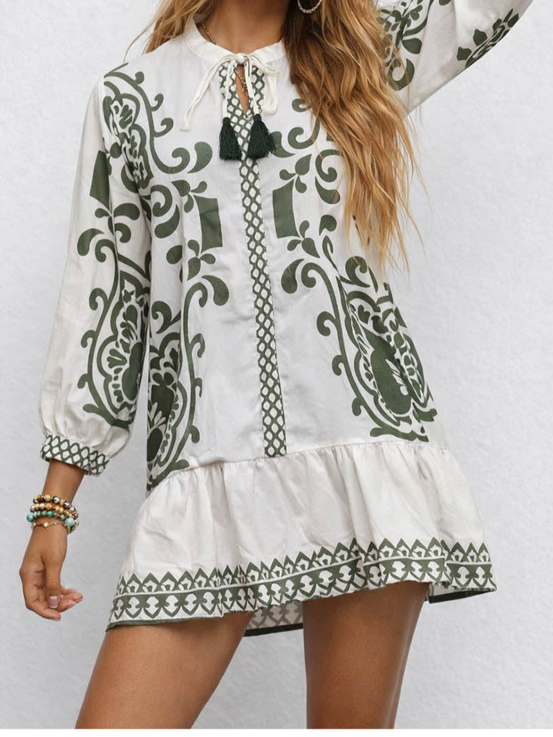 Boho Fringle Neck Long Sleeves Mini Dress