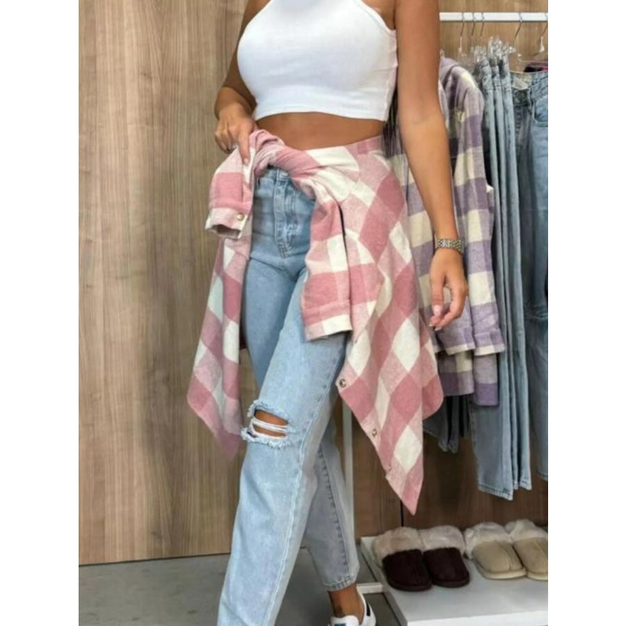 Classic Plaid Button Down Long Sleeve Shacket Jacket